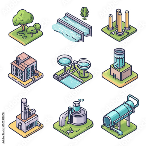 Isometric Water Treatment Plant Icons with Purification and Filtration Tech