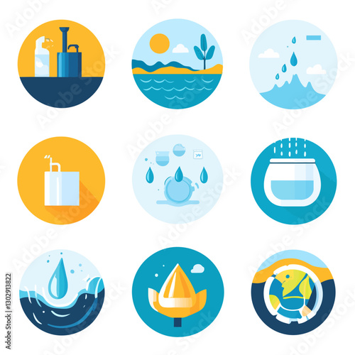 Water Cycle Icons: Conservation, Purification, and Sustainable Resources
