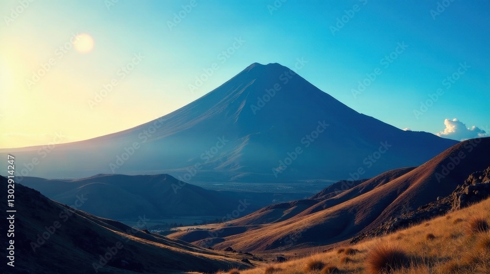 Majestic Peak at Sunrise Serene Panorama of Rolling Hills and a Single, Imposing Mountain Silhouette Against a Vivid Azure Sky Majestic Peak at Sunrise Serene Panorama of Rolling Hills and a Single, Imposing Mountain Silhouette Against a Vivid Azure Sky