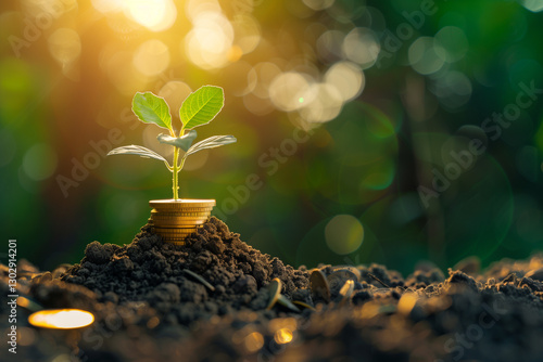A young green plant sprouting from coins in soil, illuminated by sunlight. This image represents concepts of investment, finance, economic growth, and ecological balance, evoking ideas of prosperity