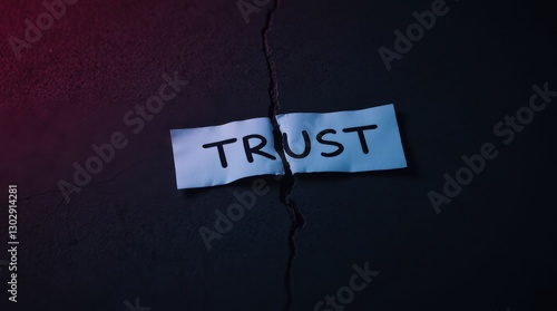 Fractured Trust: A torn piece of paper with the word 'TRUST' lies on a dark, cracked surface.