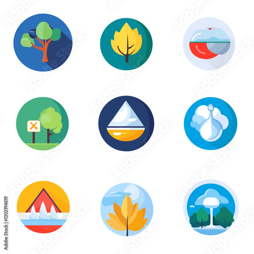 Nine assorted nature icon set vector illustration circle arrangement