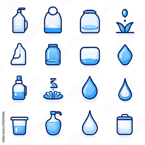 Blue Line Art Icons Set Showcasing Water Cycle, Containers and Dispensers