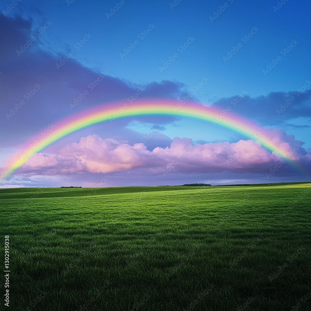 Obraz premium Vibrant rainbow arches over lush green landscape under a blue sky filled with clouds at sunset
