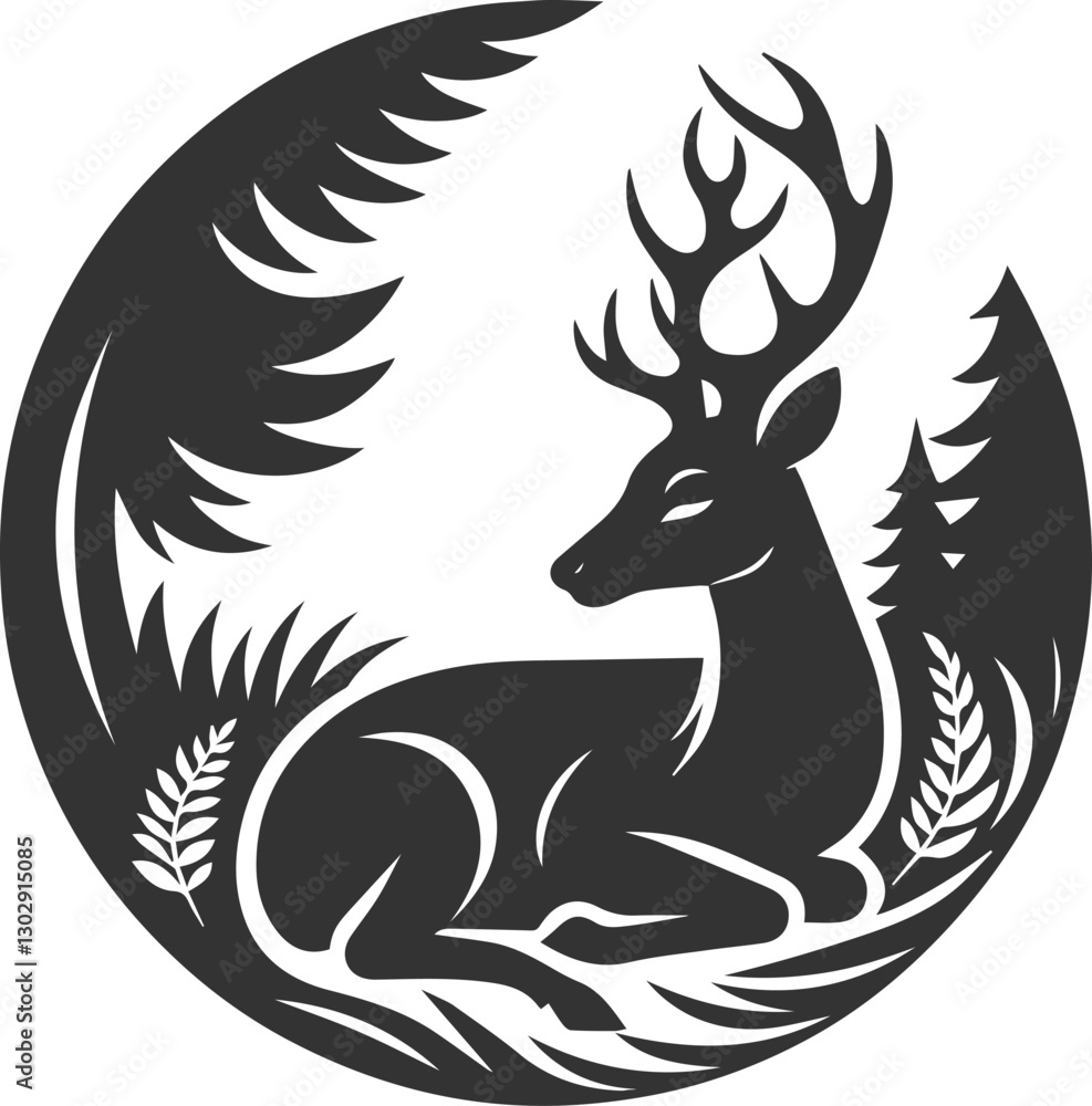 Obraz premium A resting deer curled up on the forest floor animal silhouette vector