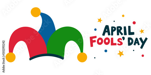 April Fools' Day illustration with a colorful jester hat and festive typography. Playful design for greeting cards, posters, banners, and digital projects related to humor and pranks.
