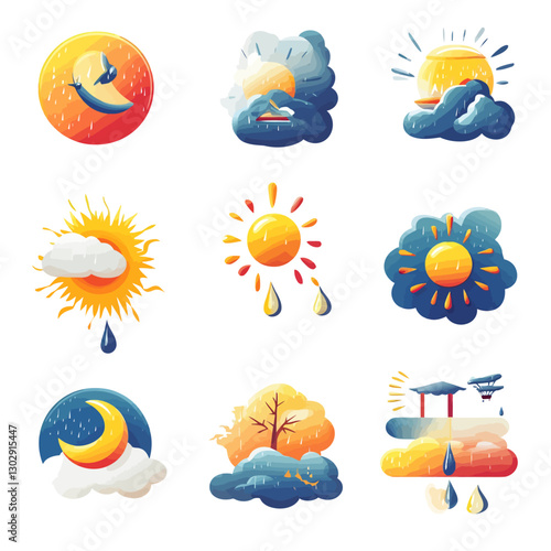 Weather icons set of sun, moon, clouds, rain, tree, and lightning.