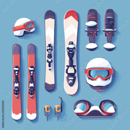 Ski Gear Flat Lay: Skis, Boots, Poles, Goggles, and Helmet on Blue Background