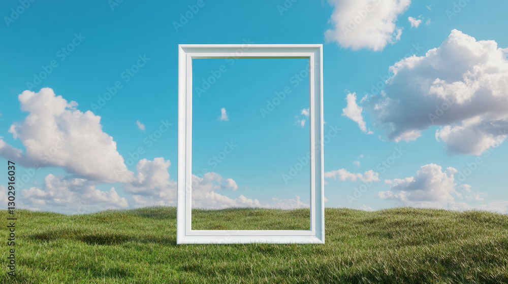 Minimalist white frame on a grassy field under a bright blue sky with clouds Minimalist white frame on a grassy field under a bright blue sky with clouds