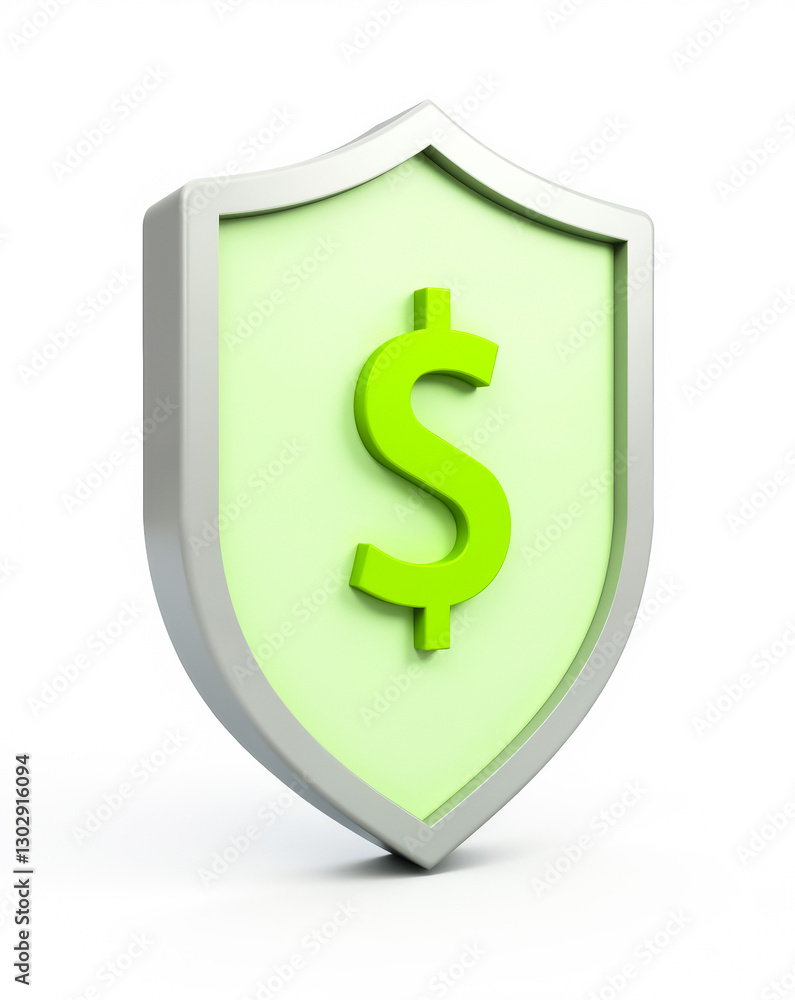 3d rendering of a light gray shield with a bright green dollar sign inside symbolizing financial security. 3d rendering of a light gray shield with a bright green dollar sign inside symbolizing financial security.