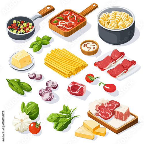 Italian Pasta Ingredients for Cooking: Raw Meat, Cheese, and Vegetables