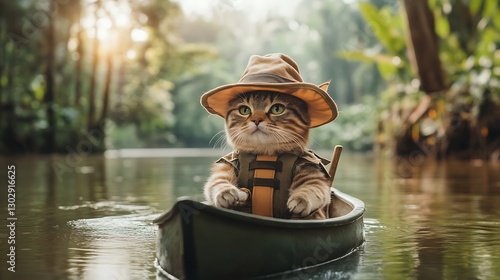 Adventurous cat in a canoe lush jungle animal photography serene environment unique country signature