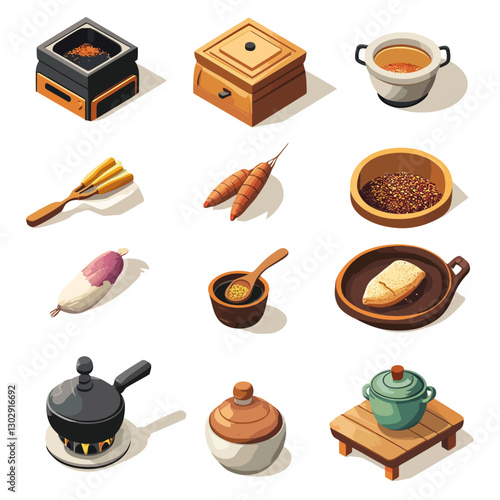 Assorted Cooking Ingredients and Utensils Isometric Food Prep Illustration