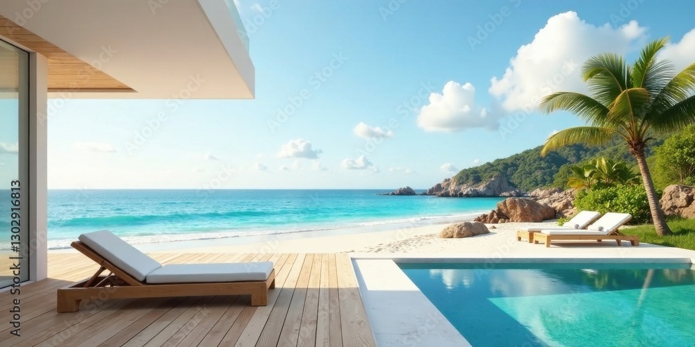 Obraz premium Serene Coastal Residence with Private Pool and Beach Access, Ideal for Relaxation and Tranquility