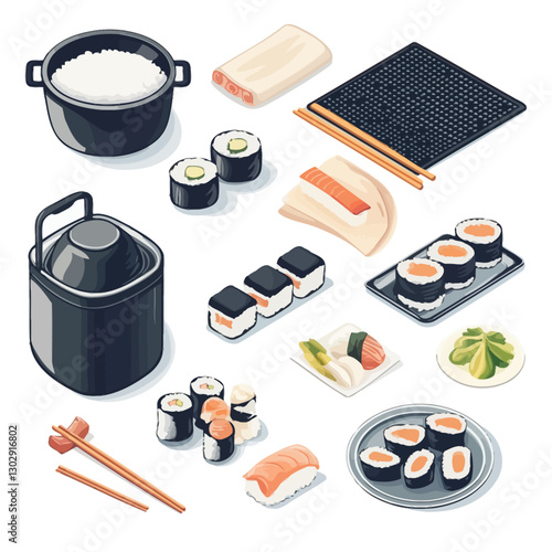 Sushi Assortment with Rice Cooker, Japanese Cuisine, Asian Food Still Life