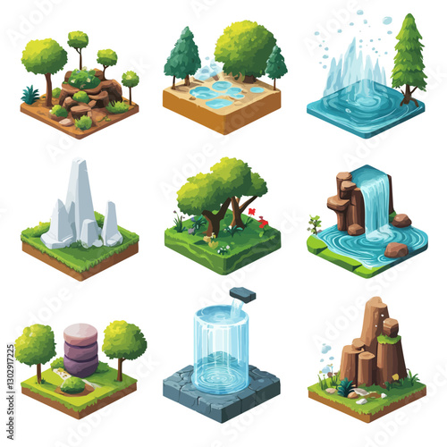 Isometric Land Tiles Collection of Nature, Waterfalls, and Mountains
