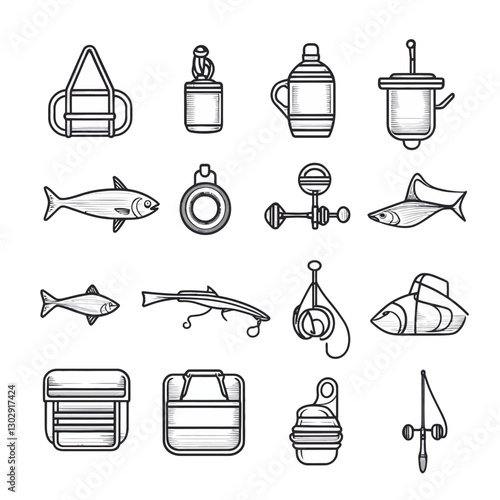 Fishing gear and equipment line art icons for recreational fishing