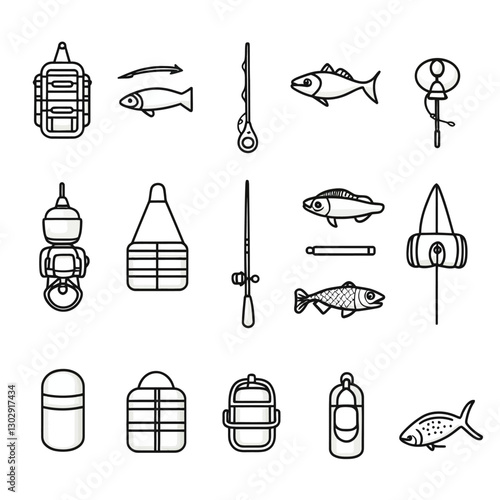 Fishing Gear and Fish Icons Outline Style Vector Illustration Concept