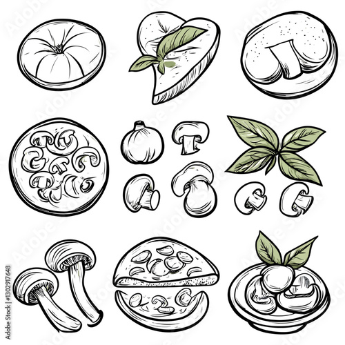 Mushroom Sketch: Culinary Art with Basil, Onion, and Tomato Elements