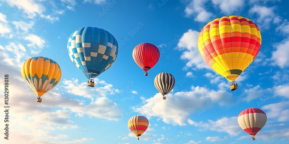 Colorful Hot Air Balloon Floating Gracefully in the Sky, Perfect for a Travel-Inspired Background Colorful Hot Air Balloon Floating Gracefully in the Sky, Perfect for a Travel-Inspired Background