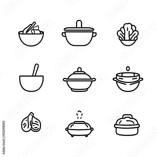 Kitchenware cooking pots and bowls line icons, minimalist design set