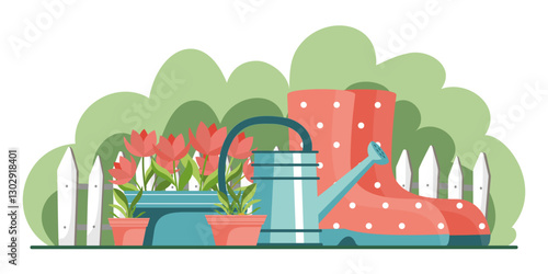 Gardening Tools, Flowers and Rubber Boots Scene.