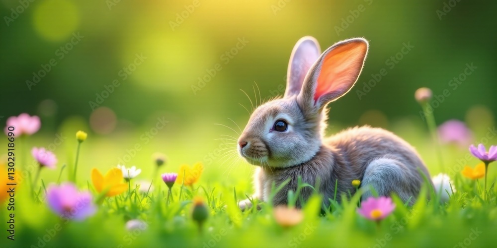A Fluffy Bunny Rabbit Resting in a Vibrant Spring Meadow Filled with Colorful Blossoms A Fluffy Bunny Rabbit Resting in a Vibrant Spring Meadow Filled with Colorful Blossoms