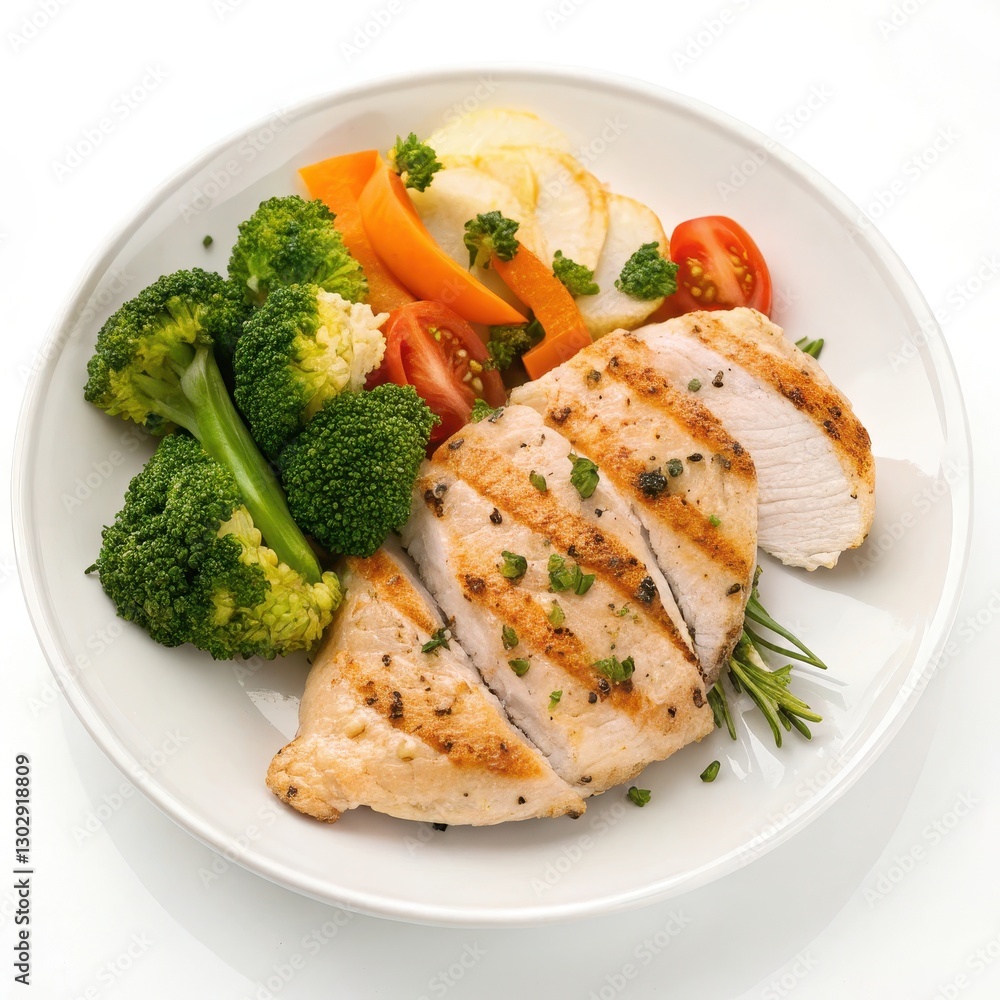 Grilled Chicken Breast Served with Roasted Vegetables on White Plate for Healthy Meal Grilled Chicken Breast Served with Roasted Vegetables on White Plate for Healthy Meal