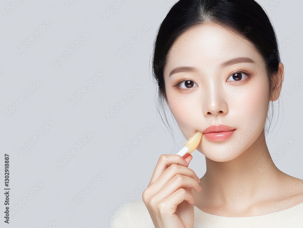 Young woman applying lip balm, showcasing a natural beauty look against a neutral background. Young woman applying lip balm, showcasing a natural beauty look against a neutral background.