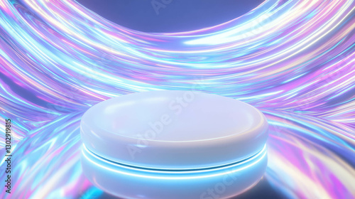 Futuristic white podium with iridescent swirling background for modern display