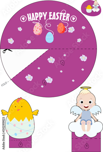 3D Easter card. Vector card for creativity on the theme of Easter with an angel and a chicken. This card can be cut out and glued with children or loved ones.