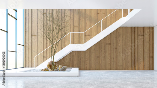 Japanese style empty room with modern stairs. Polished floor and wood slat wall. There is a leafless tree on the side. 3D rendering