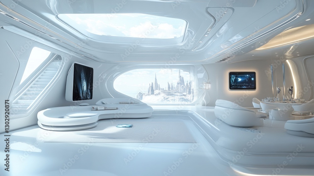 Fototapeta premium Futuristic White Living Room with Panoramic City View