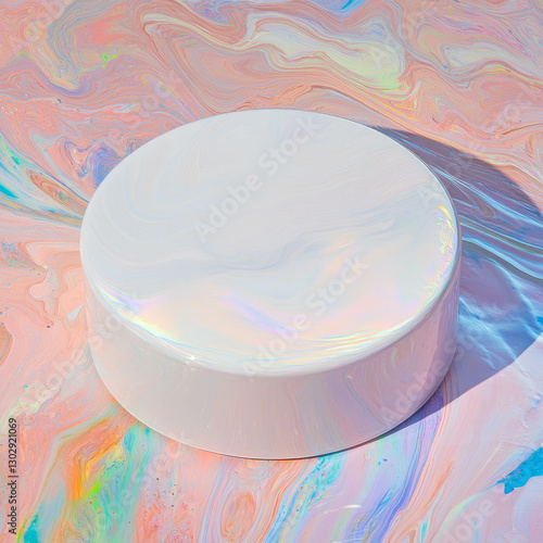 Abstract art: white circular podium on colorful marbled background for creative design