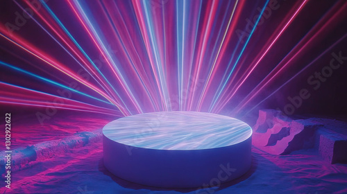 Illuminated stage with neon light beams for futuristic display concepts