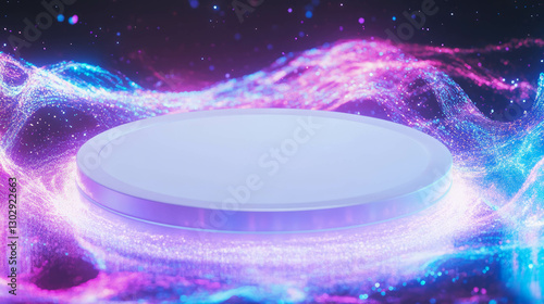 Futuristic white circular podium surrounded by vibrant neon waves for event design