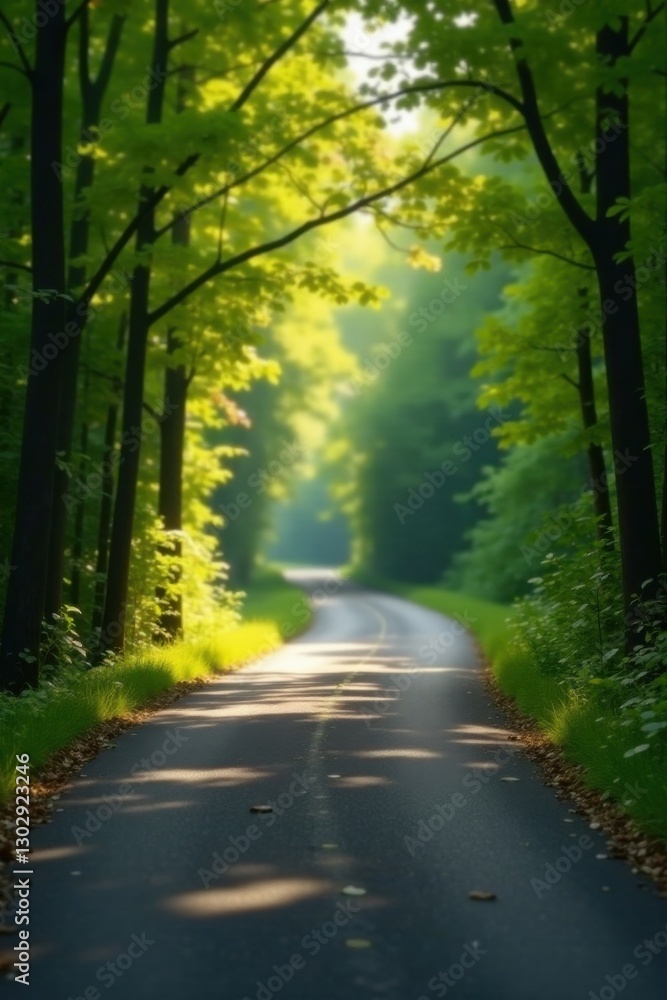Obraz premium Sunlit Path Through a Verdant Forest Canopy, Winding Road Beckoning the Adventurous Soul