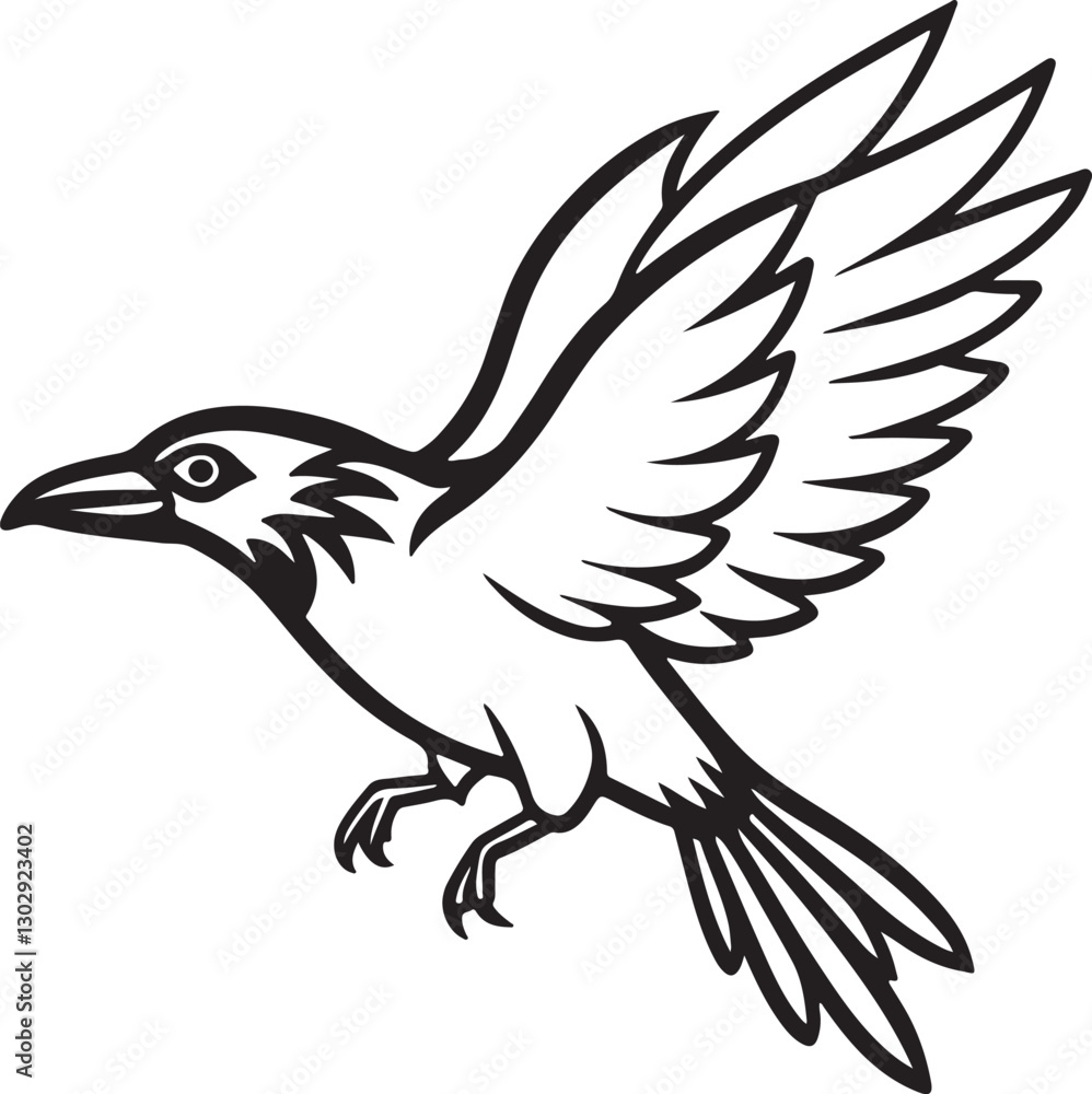 Naklejka premium flying raven bird line art, black outline, vector and illustration, coloring book page line art drawing