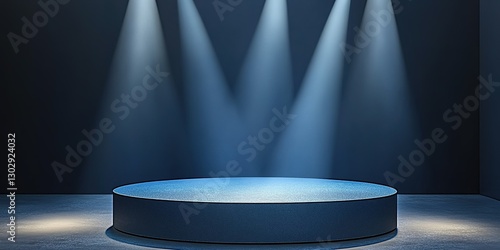 Stage set for a performance with circular platform and dramatic lighting in a darkened space