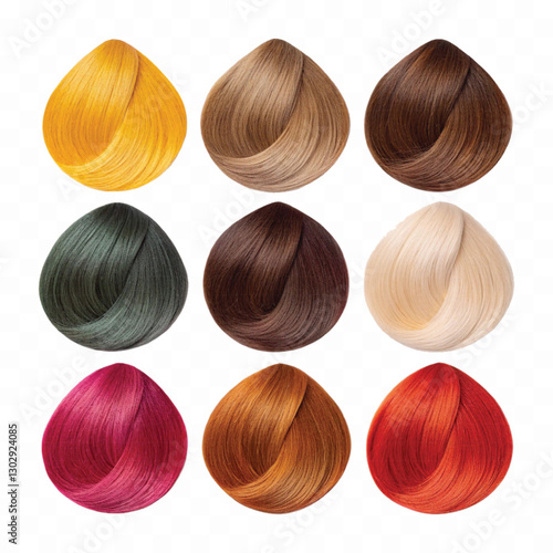 realistic complete set of different hair colors locks in rounded shape isolated on white background