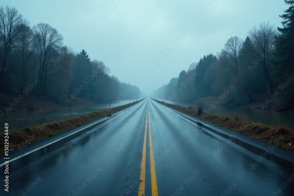 A solitary, rain-slicked highway extends to a misty horizon, flanked by tranquil waterways and shadowy, leafless trees, creating an atmosphere of serene solitude. A solitary, rain-slicked highway extends to a misty horizon, flanked by tranquil waterways and shadowy, leafless trees, creating an atmosphere of serene solitude.