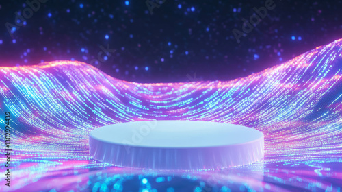 Futuristic white circular podium surrounded by vibrant neon light waves for modern design concepts