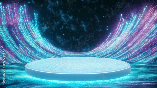 Futuristic circular podium with neon light waves in a surreal abstract space