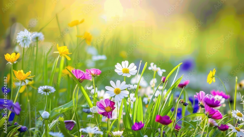 Fototapeta premium Vibrant Wildflower Meadow in Morning Sunlight