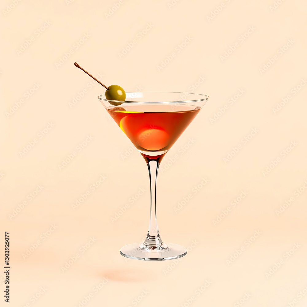 reddish- cocktail in a martini glass garnished with a green olive reddish- cocktail in a martini glass garnished with a green olive