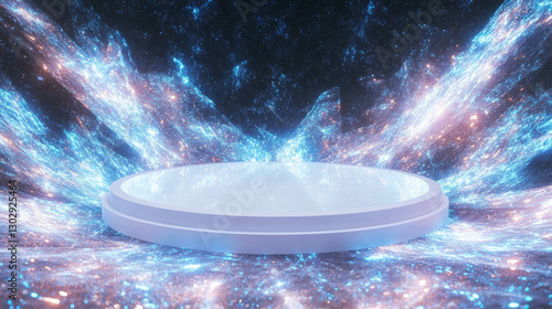 Futuristic circular podium with vibrant cosmic energy display for digital design