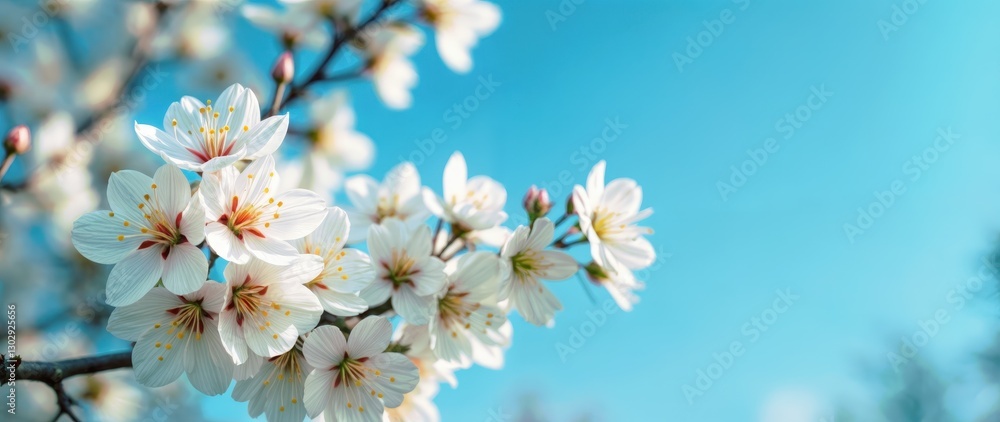 Elegant white roses with soft orange centers, illuminated petals against a vivid blue sky, gentle spring atmosphere, budding flowers, muted green foliage, close-up perspective, artistic bokeh Elegant white roses with soft orange centers, illuminated petals against a vivid blue sky, gentle spring atmosphere, budding flowers, muted green foliage, close-up perspective, artistic bokeh