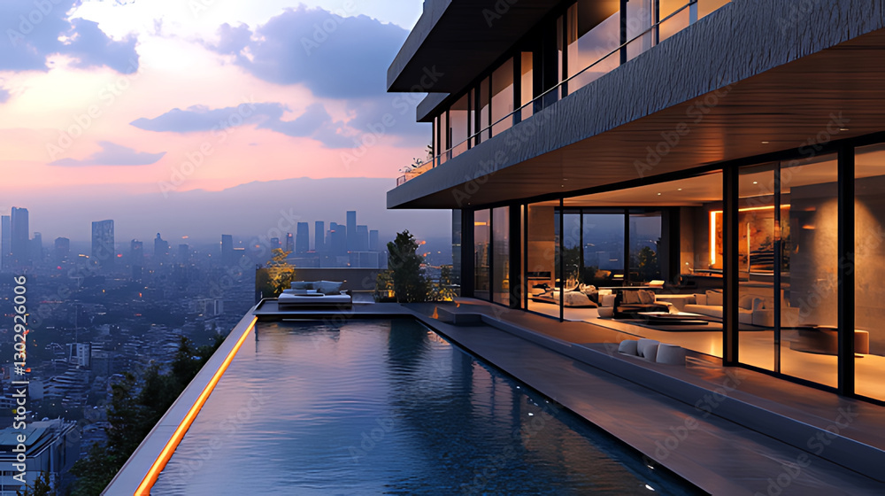 Fototapeta premium Rooftop infinity pool, city skyline sunset view, luxury apartment, evening relaxation