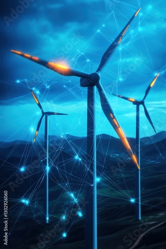 Wind energy growth milestones visualized in glowing overlays.