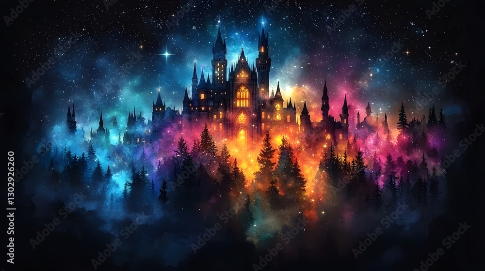 Glowing Fairytale Castle with Colorful Towers in Starry Night Sky Glowing Fairytale Castle with Colorful Towers in Starry Night Sky